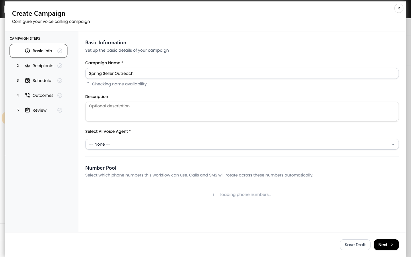 Basic Info step: campaign name, description, AI agent selector, and number pool