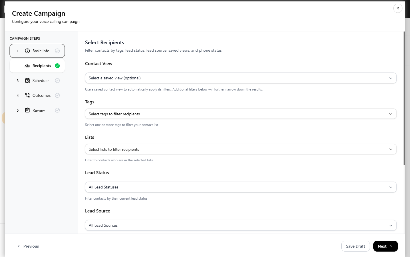 Recipients step: tag, lead status, source, view, and phone-status filters