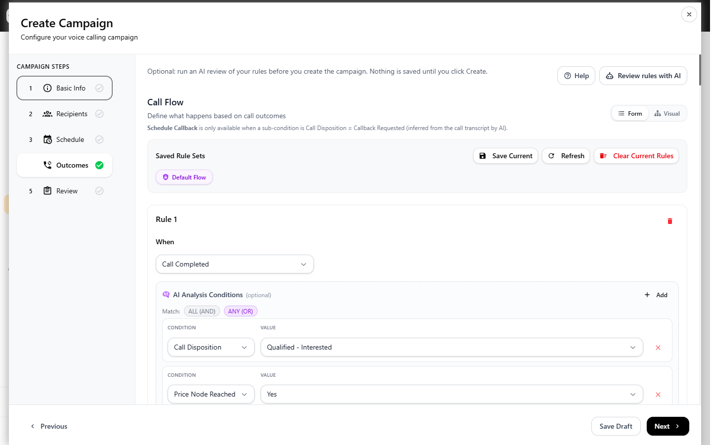 Outcomes step pre-loaded with the default call-flow rules