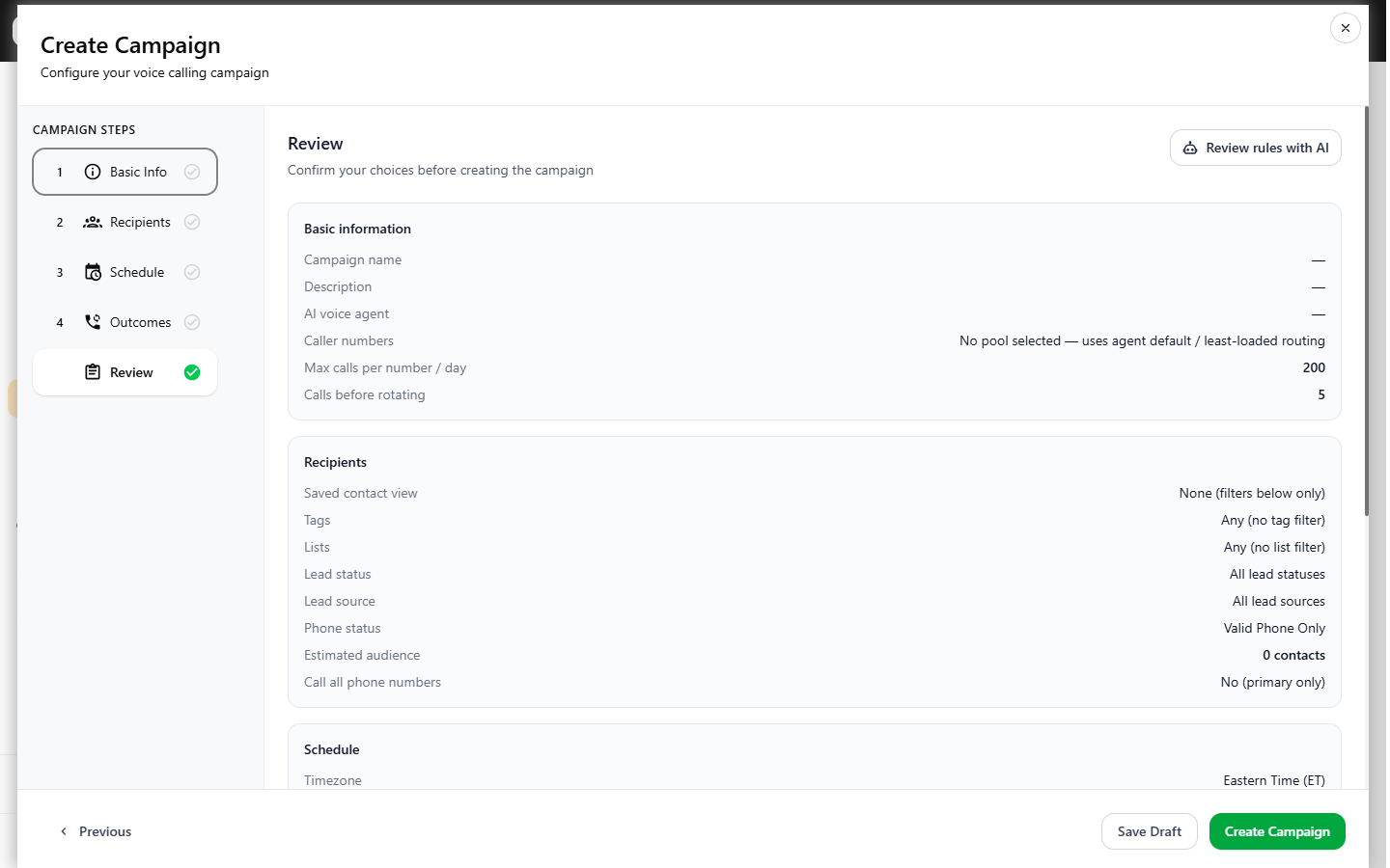 Review step summarizing the campaign before creating it