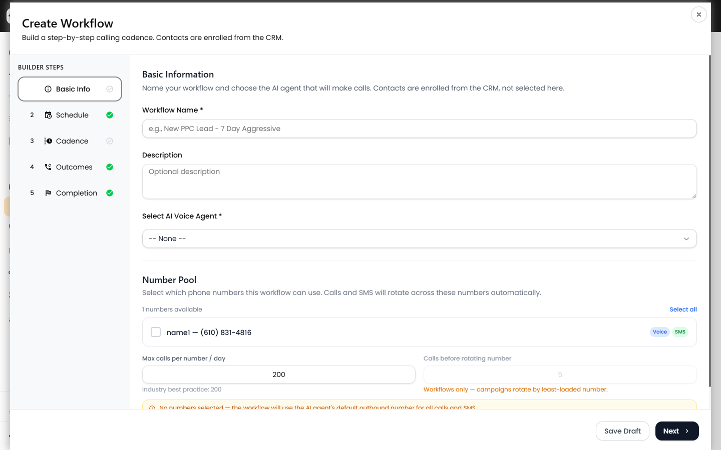 Basic Info step: workflow name, AI agent, and number pool
