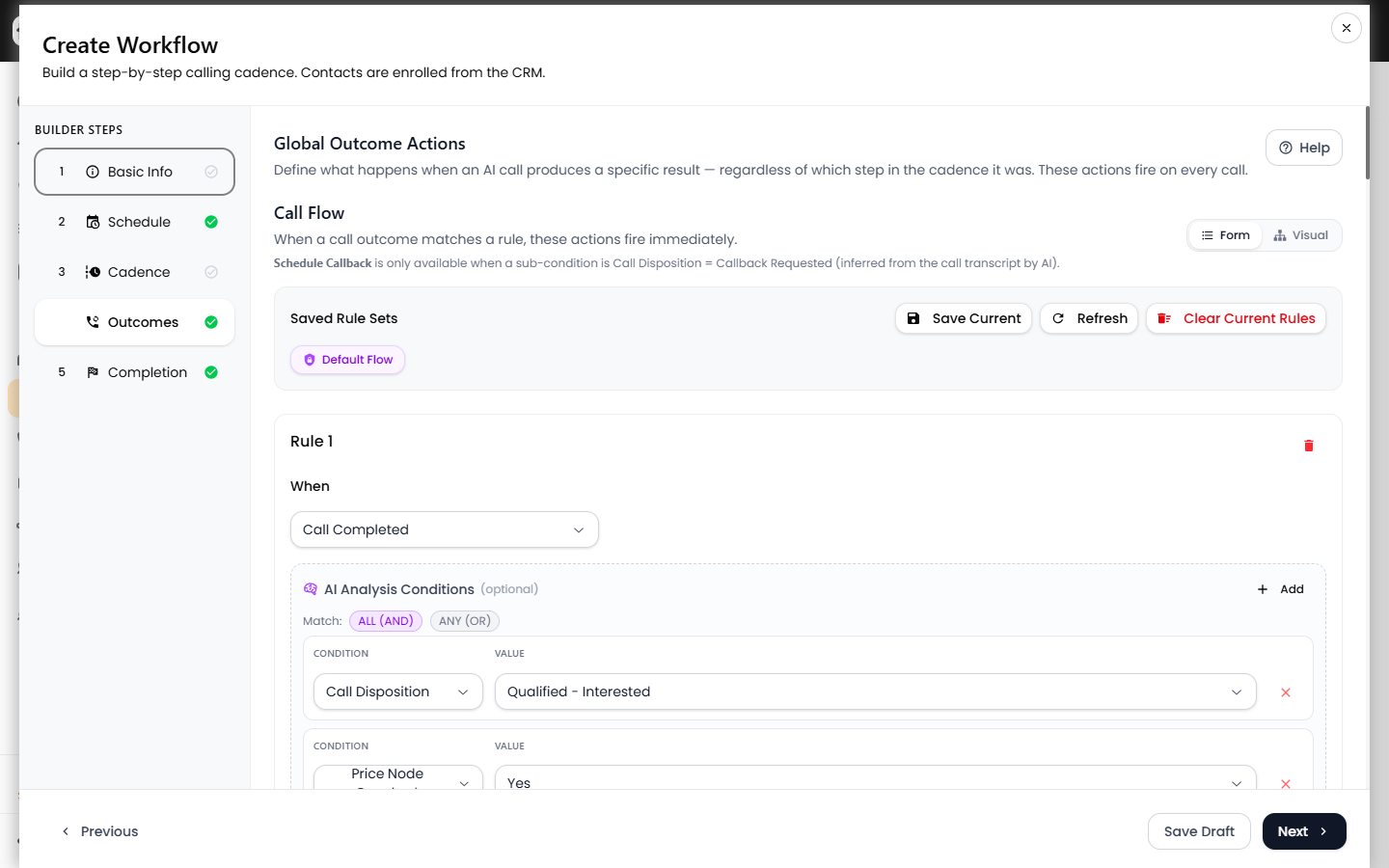 Outcomes step pre-loaded with the default workflow call-flow rules