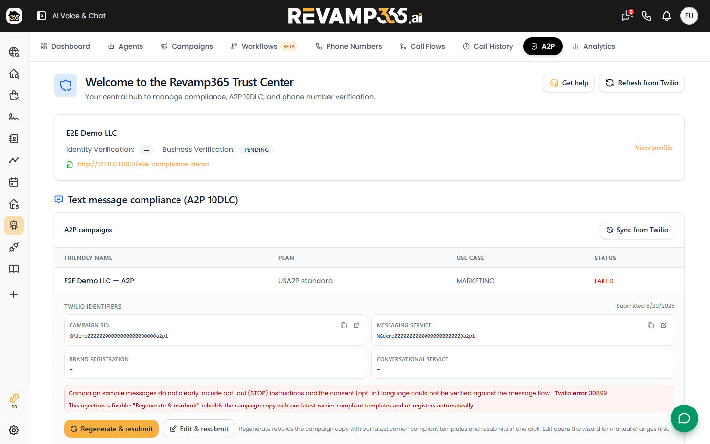 The Revamp365 Trust Center checklist for the carrier-required A2P registration steps