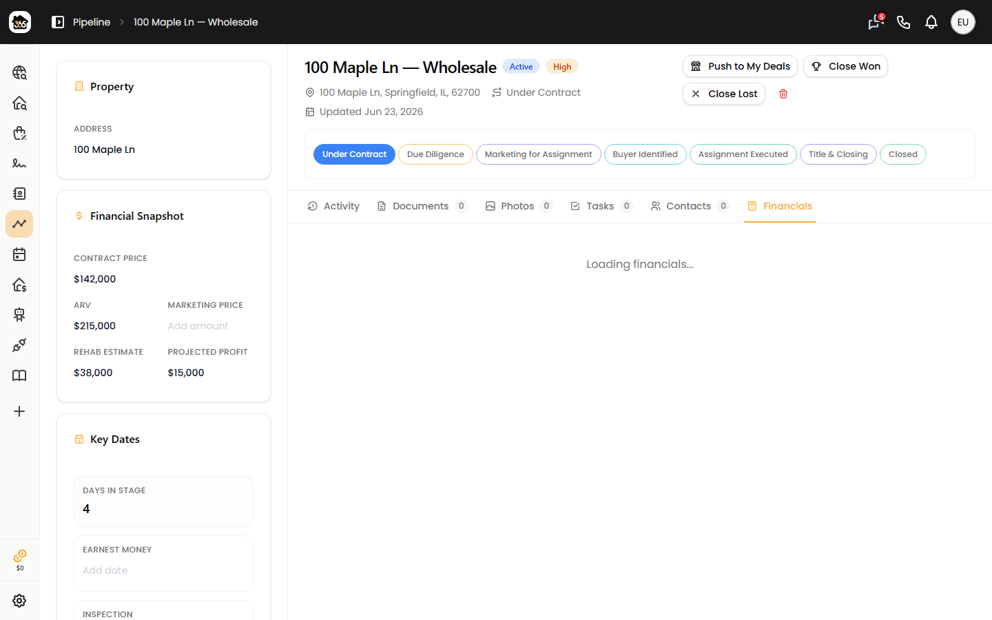 The Financials tab showing the read-only Revenue, Costs, and Profit breakdown