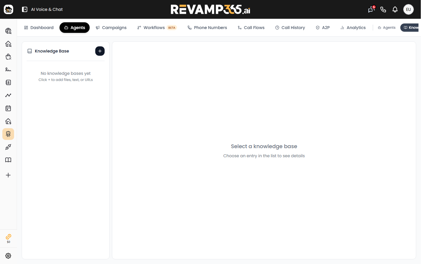 Knowledge Base sub-tab with the sidebar list and detail panel