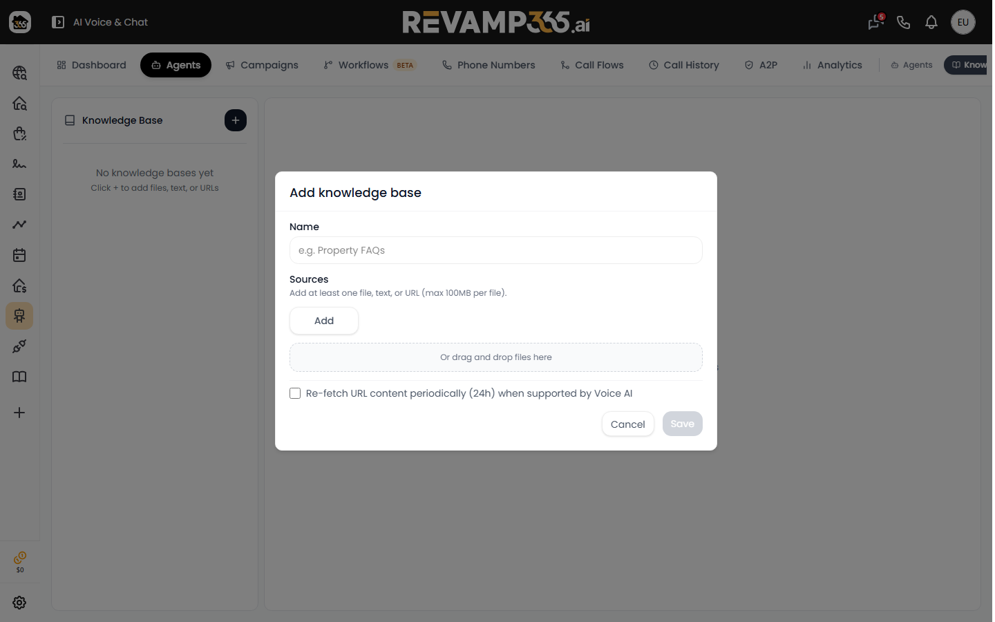 Add-knowledge-base dialog with the Name field and Upload files / Add text / Add URL sources