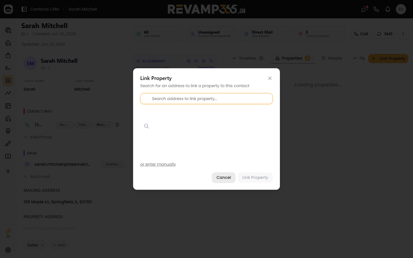 The Link Property dialog with an address search box and an option to enter the property manually