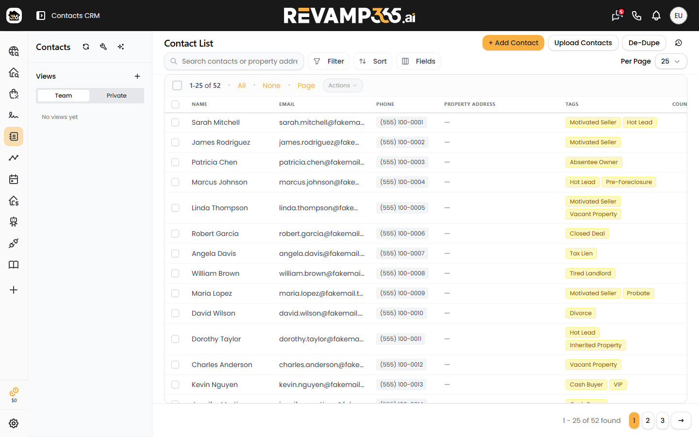 The Contacts CRM header with the + Add Contact and Upload Contacts buttons