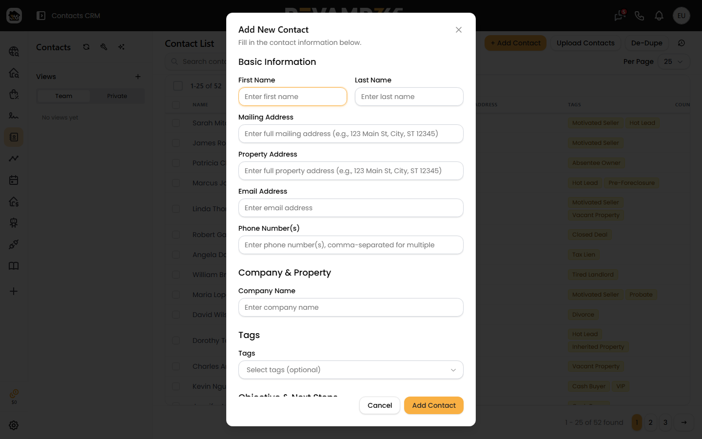 The Add New Contact dialog with fields for name, email, phone, tags, and lead source