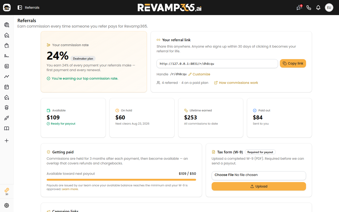 The Earnings tab listing each commission's source, type, date, amount, and status