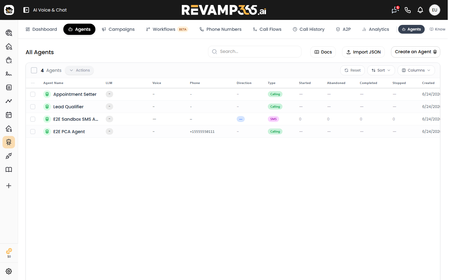 The Agents tab under AI Voice & Chat: the All Agents table where you create, publish, and manage every voice agent