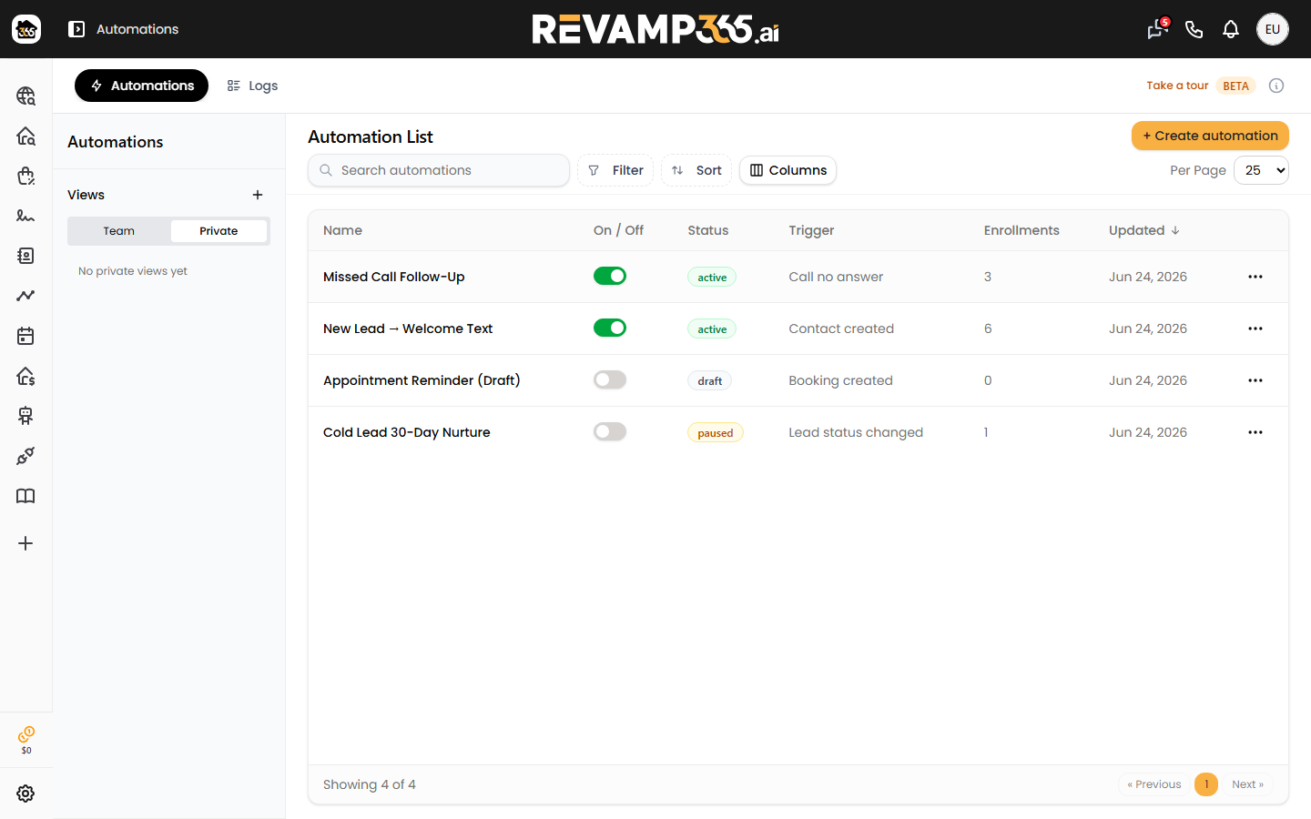 The Automations page with the list of automations and the featured templates