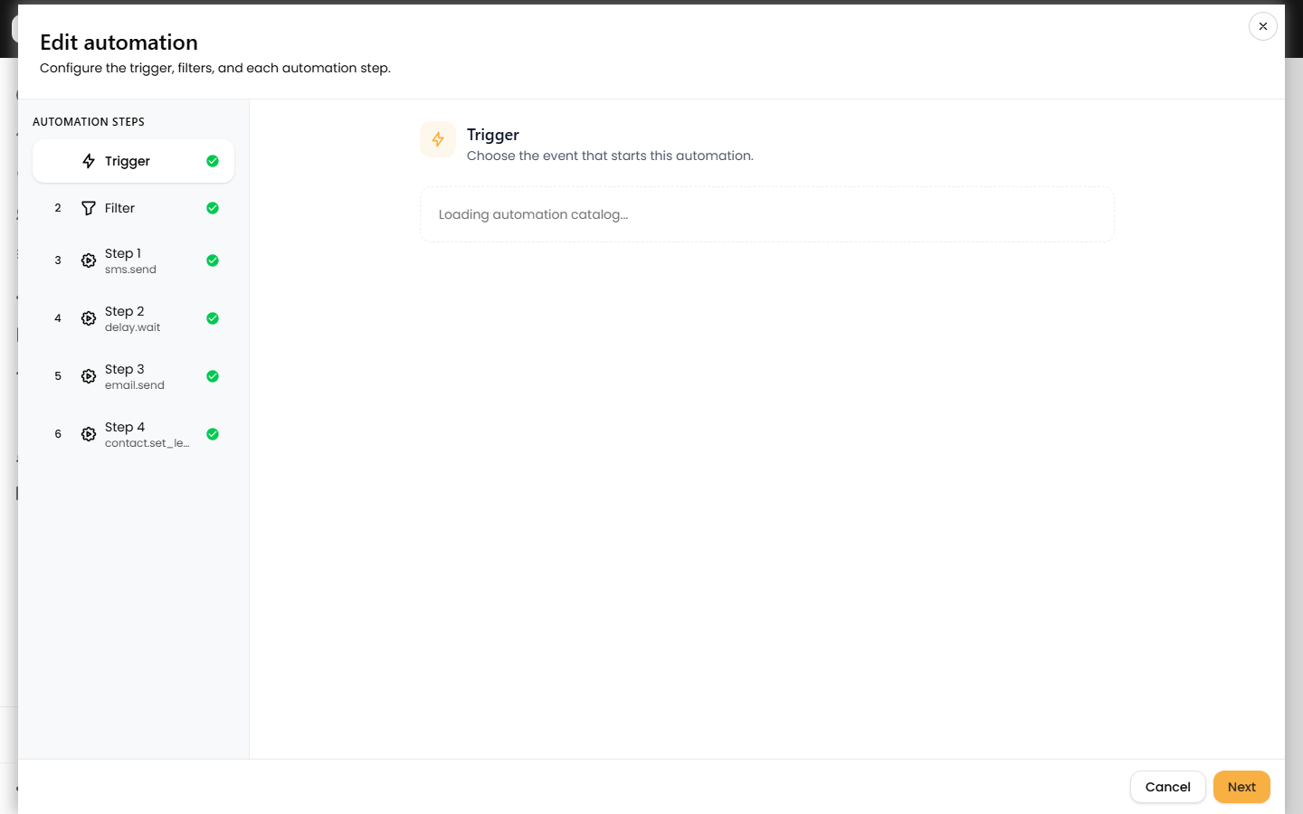 Trigger-event picker open in the automation builder, showing triggers grouped by category