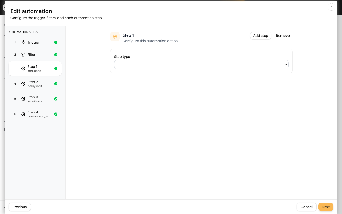 An action step in the builder: the step-type picker with the selected action's configuration fields below it