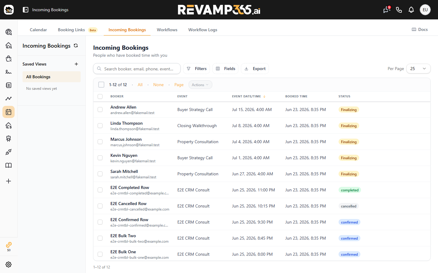 The Incoming Bookings table with host row actions and filters