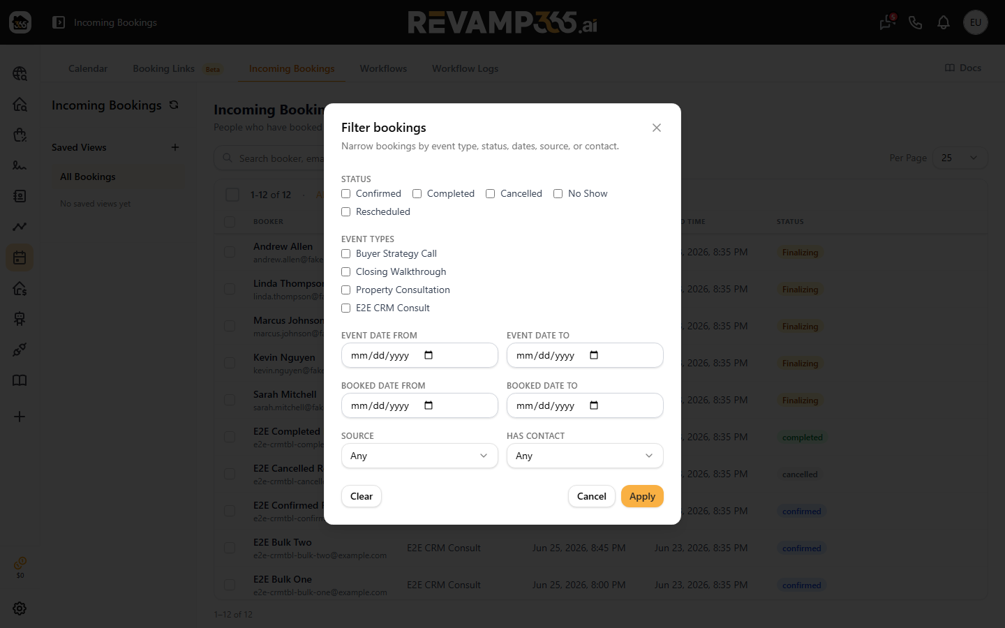 The booking filter panel listing the five booking statuses