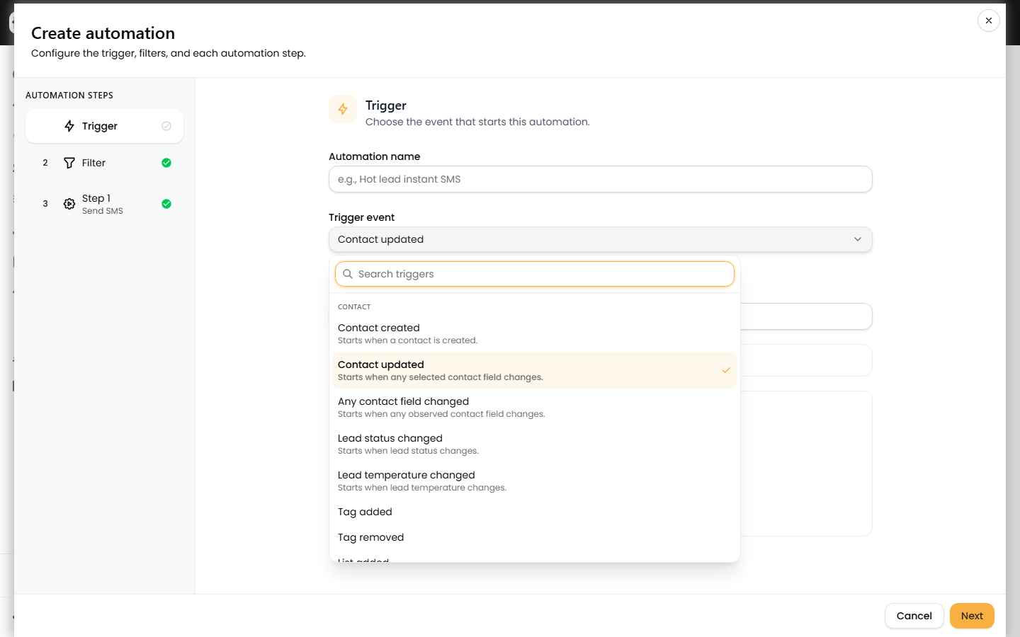 The builder Trigger tab with the trigger-event picker open showing the qualification starters