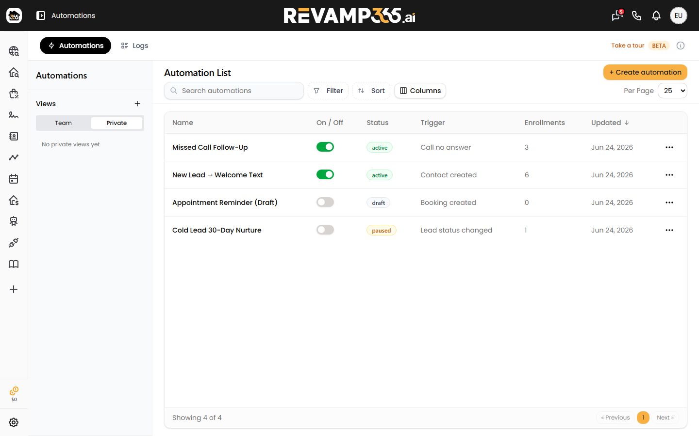 The Step 1 picker for the qualification actions: set status, add tag, create task, notify