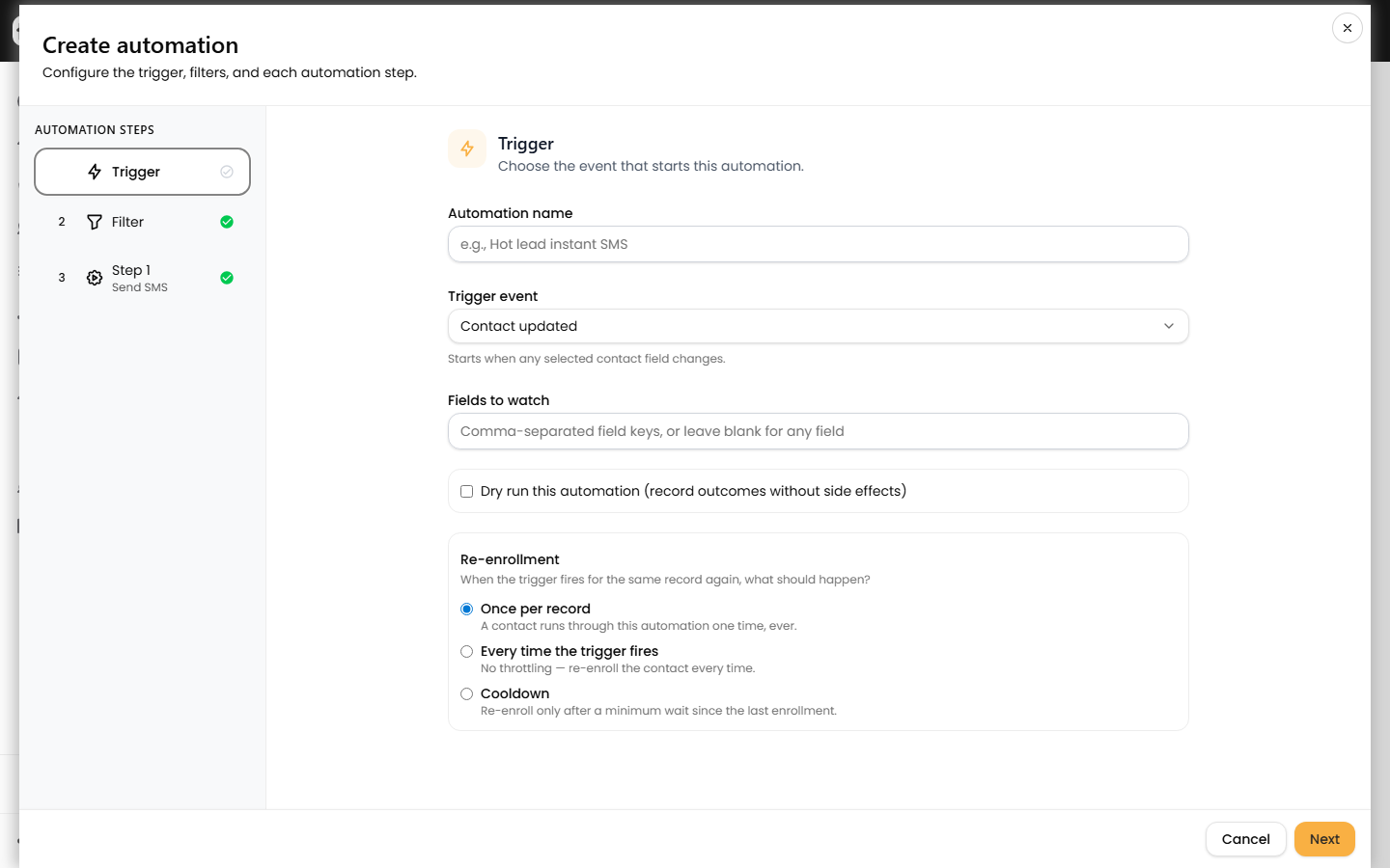 The automation builder Trigger tab where the drip starts