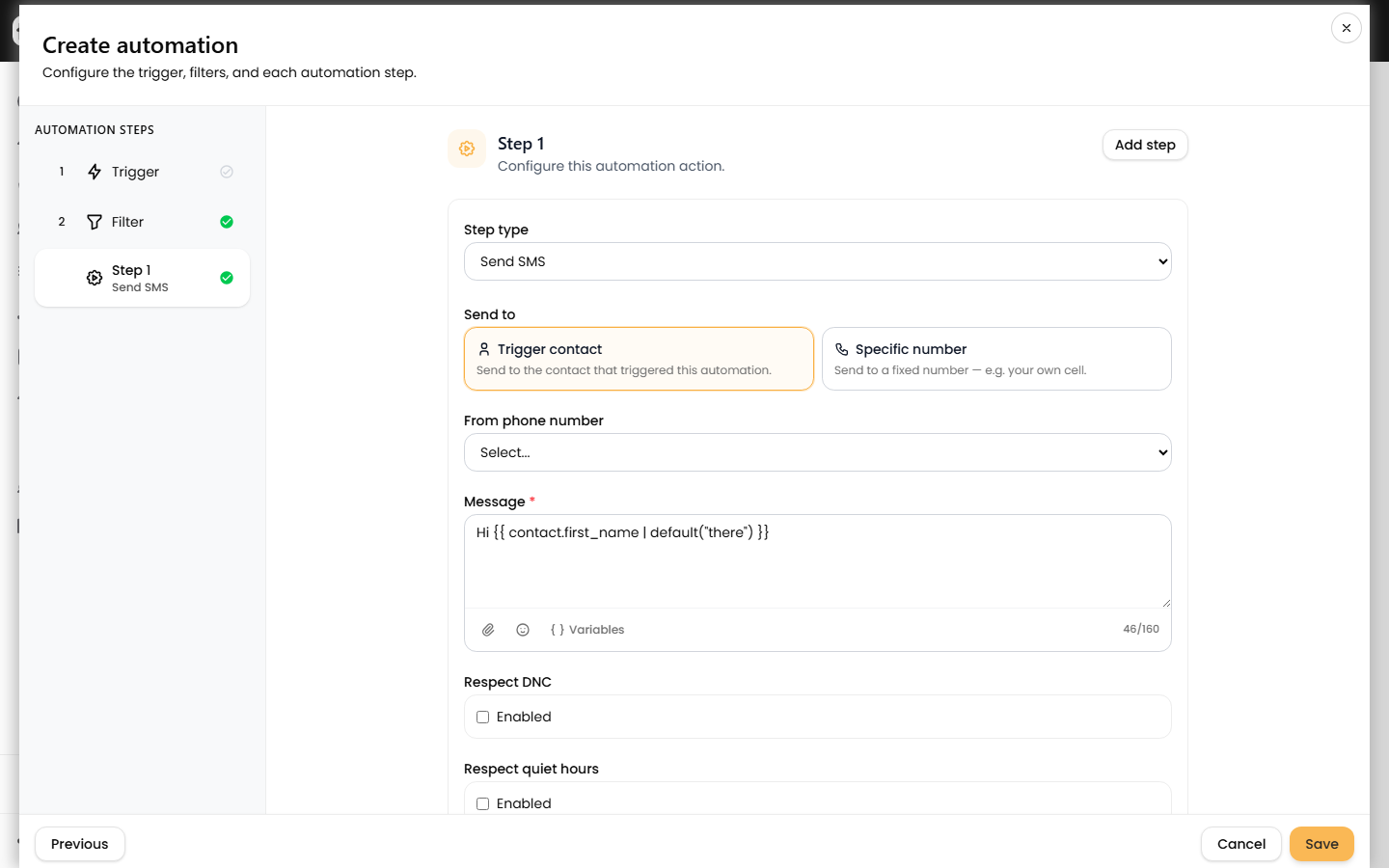 Step 1 step-type picker with Send SMS and Wait