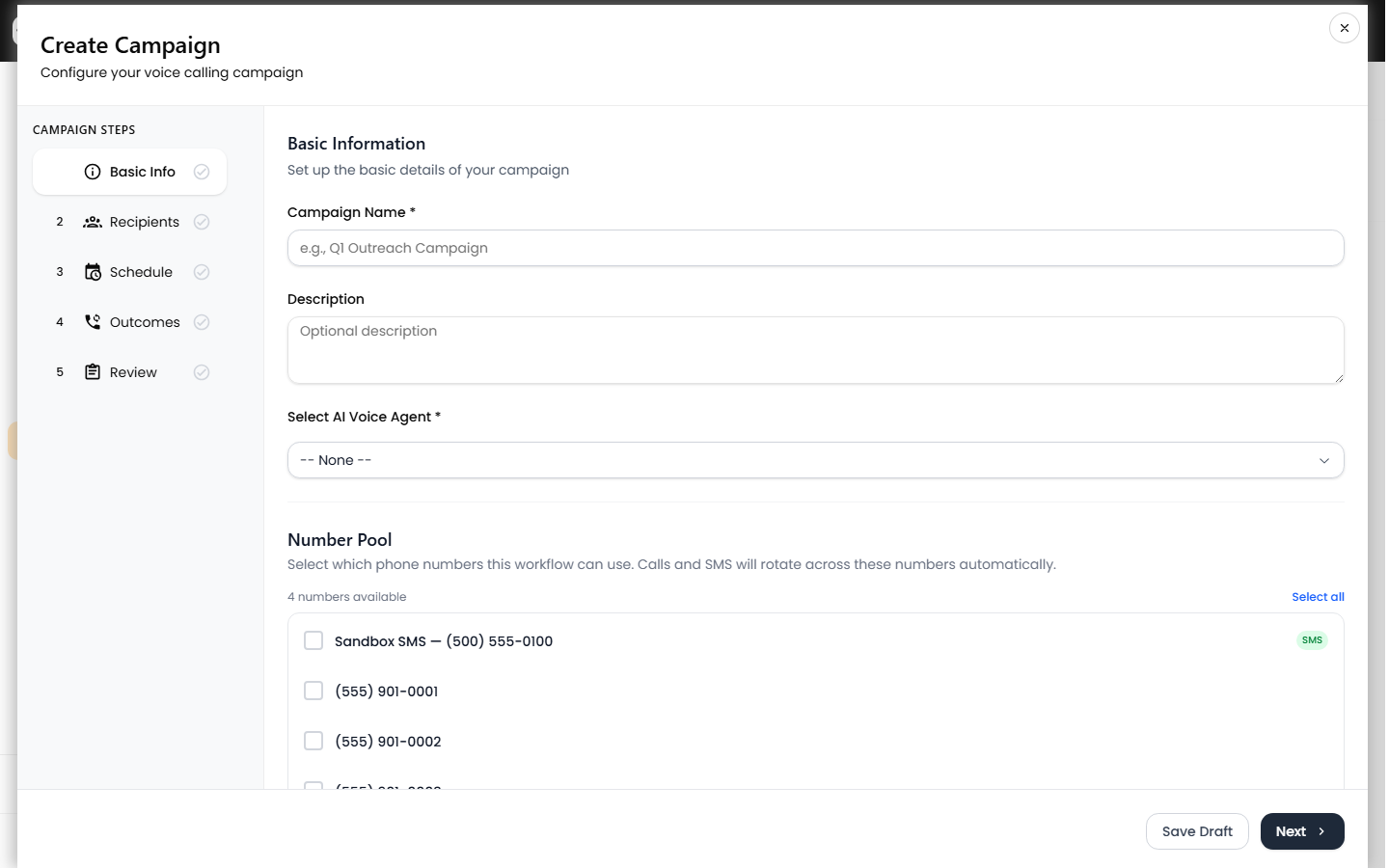 The voice campaign Schedule step with per-day calling windows and timezone
