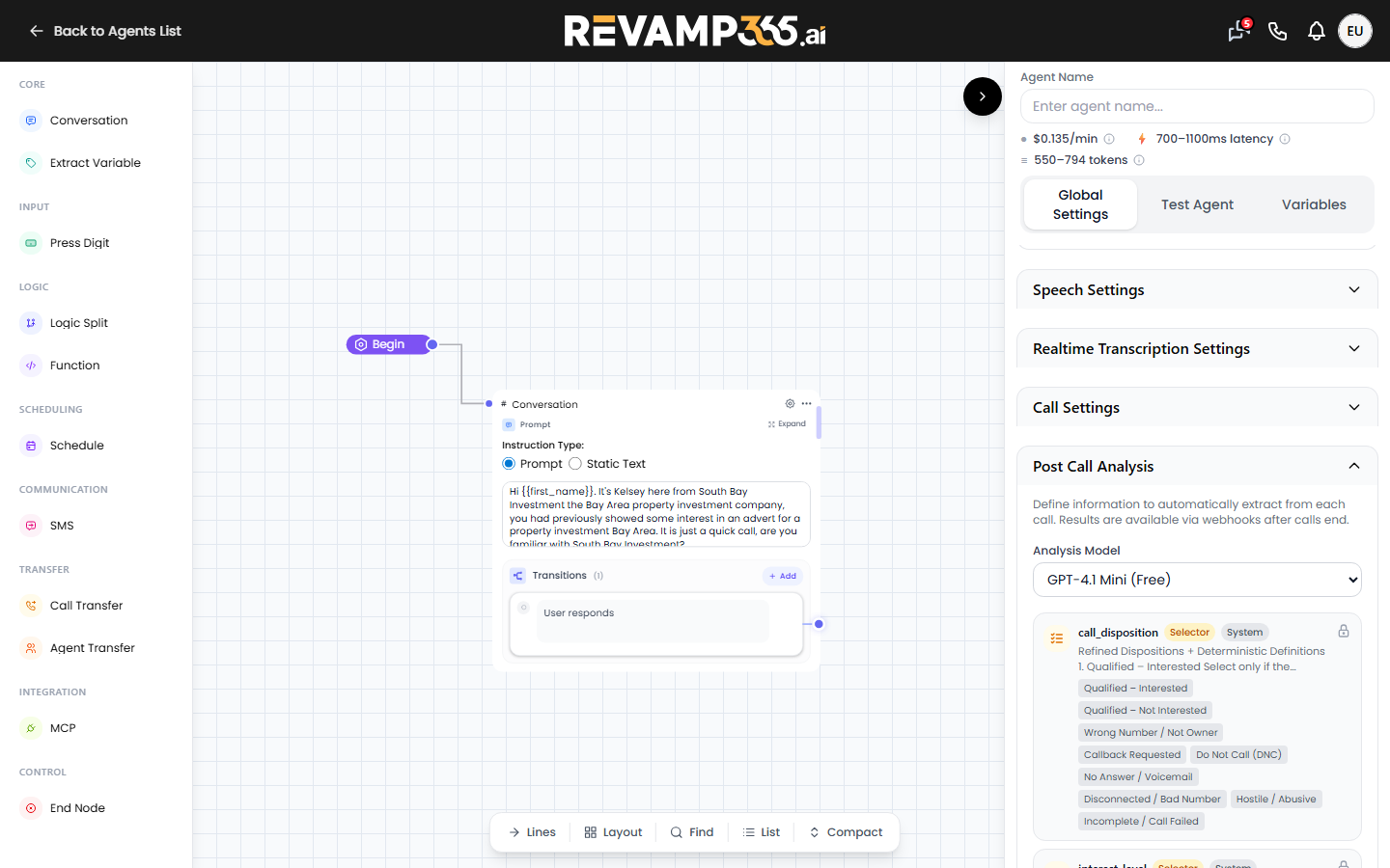 Post Call Analysis panel with the Analysis Model dropdown, locked system fields, and the Add field button