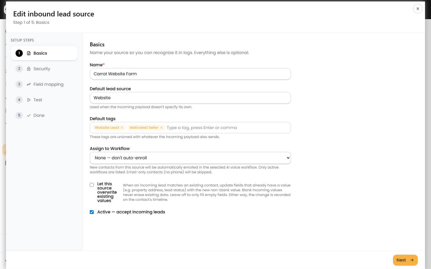 New source Basics step with name, default lead source, and default tags
