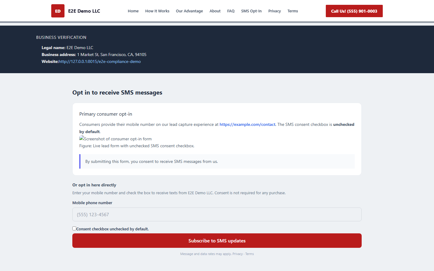 The primary opt-in form with the unchecked SMS consent checkbox