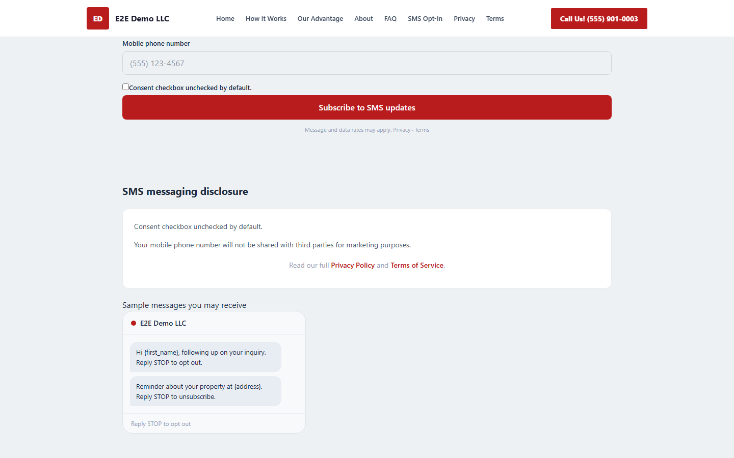 The SMS messaging disclosure block with sample messages and Privacy/Terms links