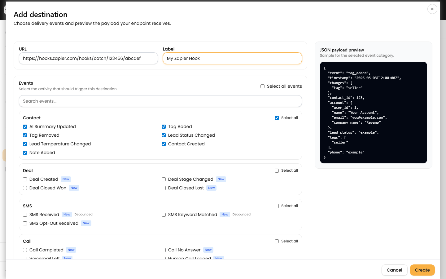 The Add destination dialog with URL and Label inputs, the grouped event picker, and a live JSON payload preview pane
