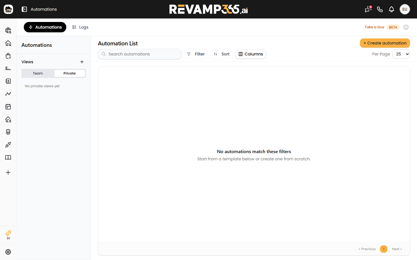 The Automations page showing the automation list and featured templates