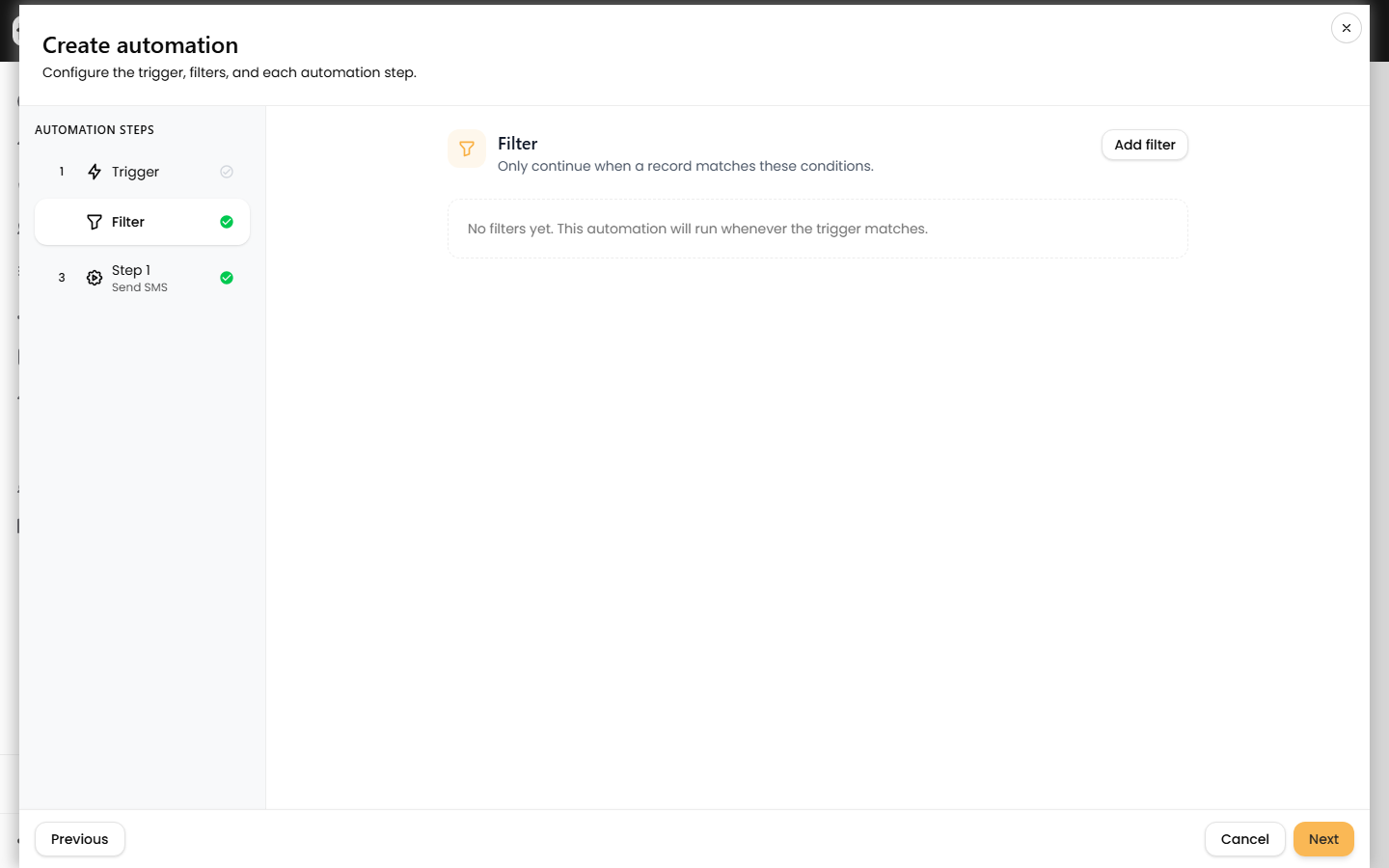 The automation builder Filter tab with the "Add filter" button for optional conditions