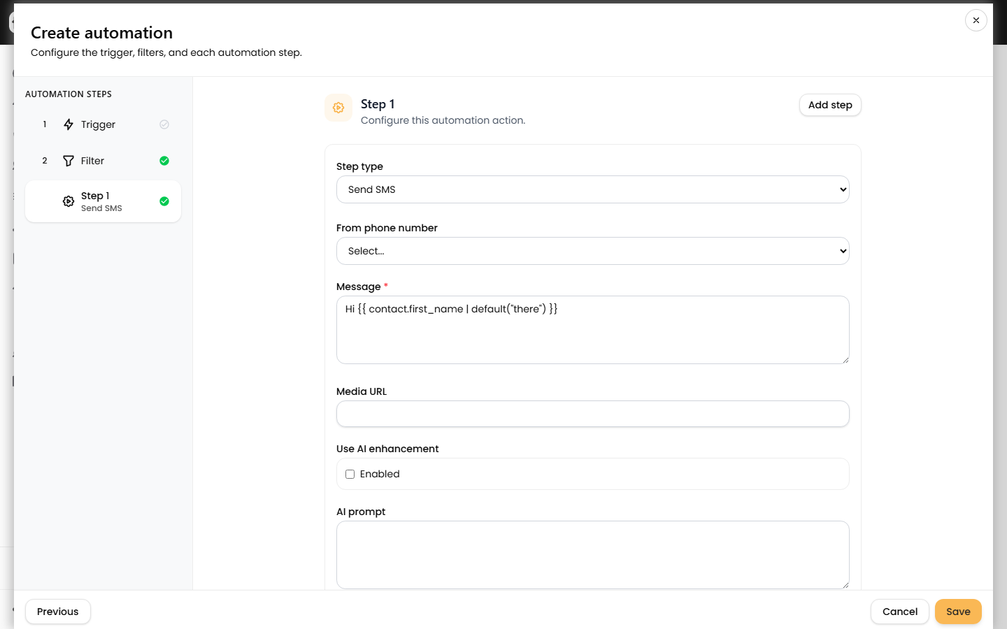 The automation builder Step 1 tab showing the step type picker with action categories