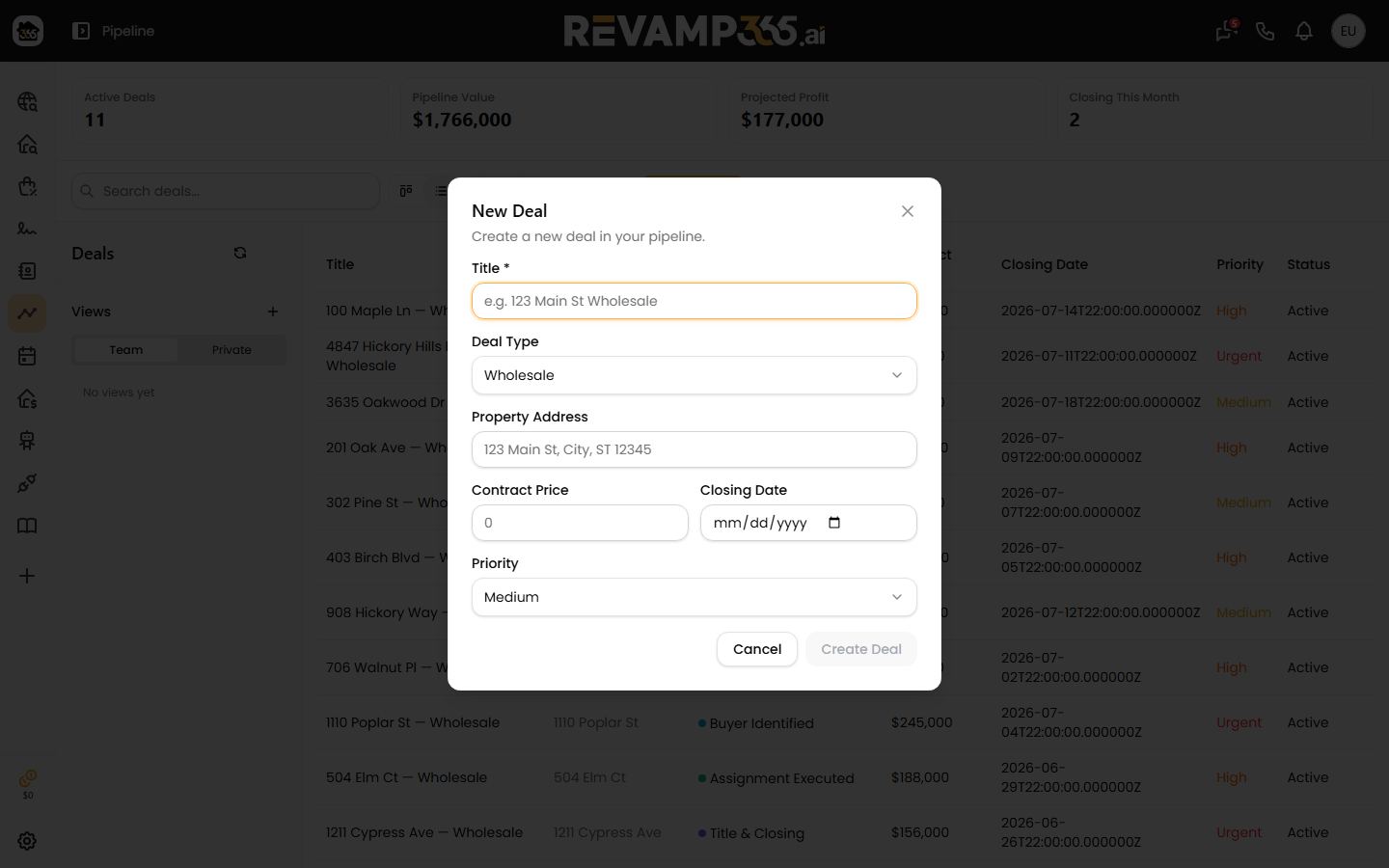 The Create Deal dialog with fields for title, deal type, address, price, and priority