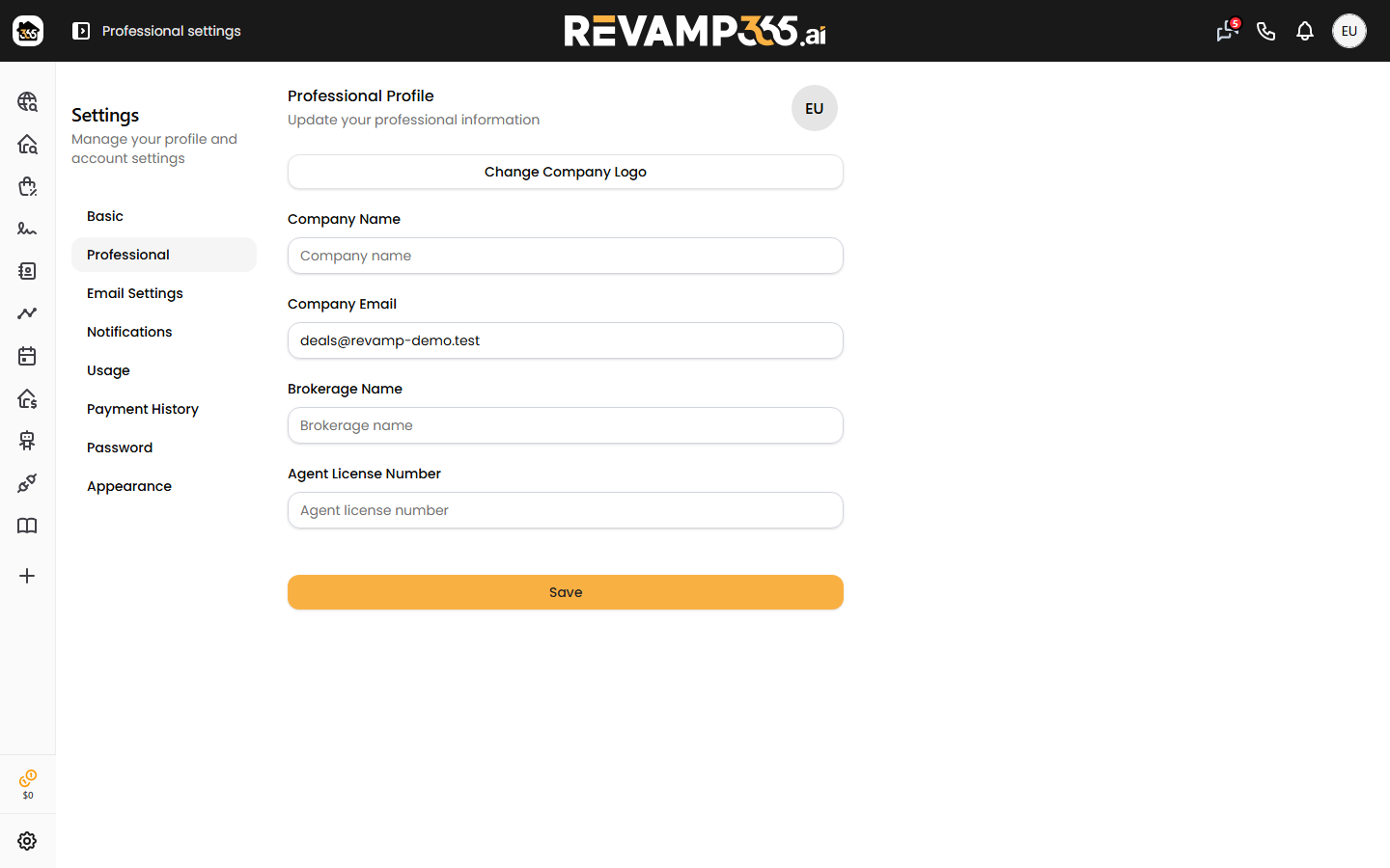The Professional Profile settings page where you complete your investor profile
