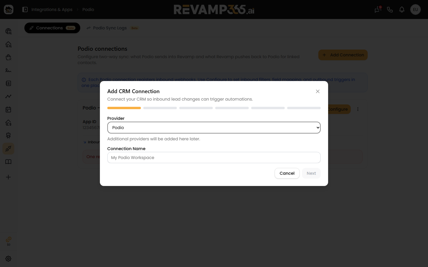 Step 1 of the Add CRM Connection wizard with the provider preset to Podio