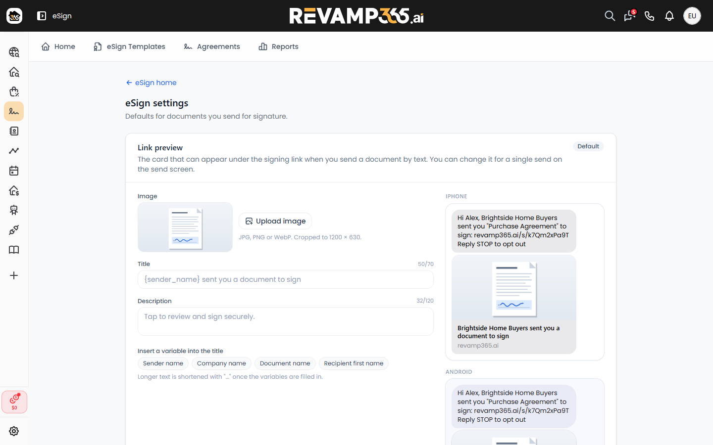 The Link preview settings with the built-in default and live iPhone and Android previews