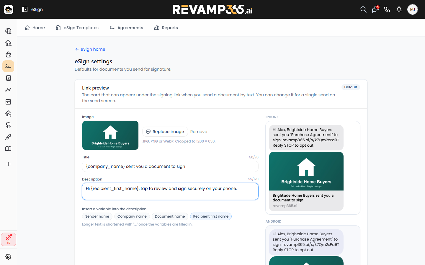 A custom image, title, and description with the live previews