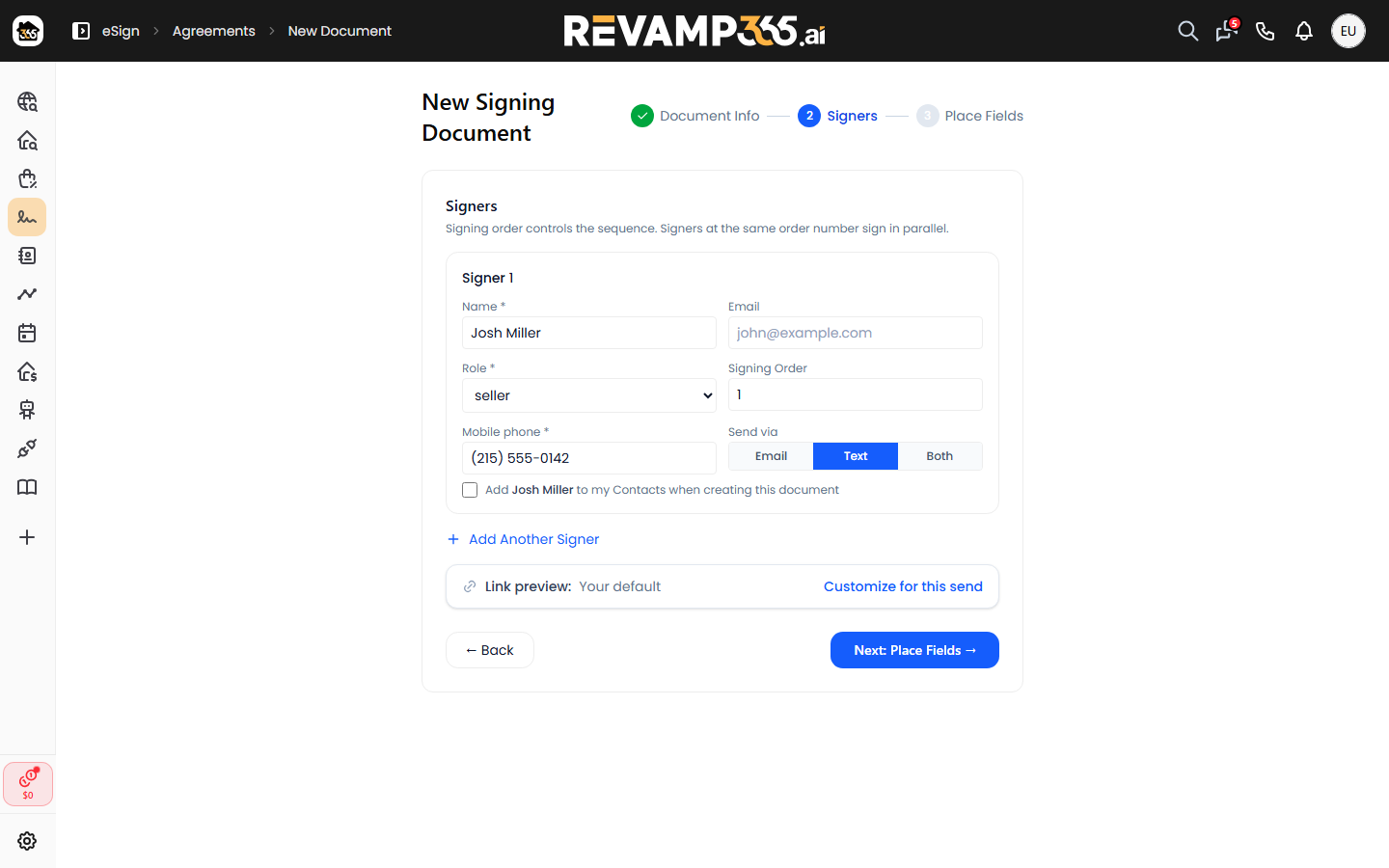 The Link preview row on the Signers step, using your default card