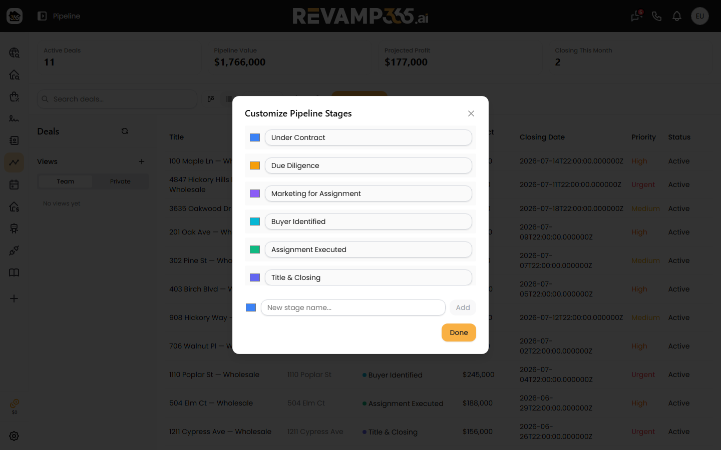 The Customize Pipeline Stages dialog with a color swatch and editable name on each stage row, plus an Add control for new stages