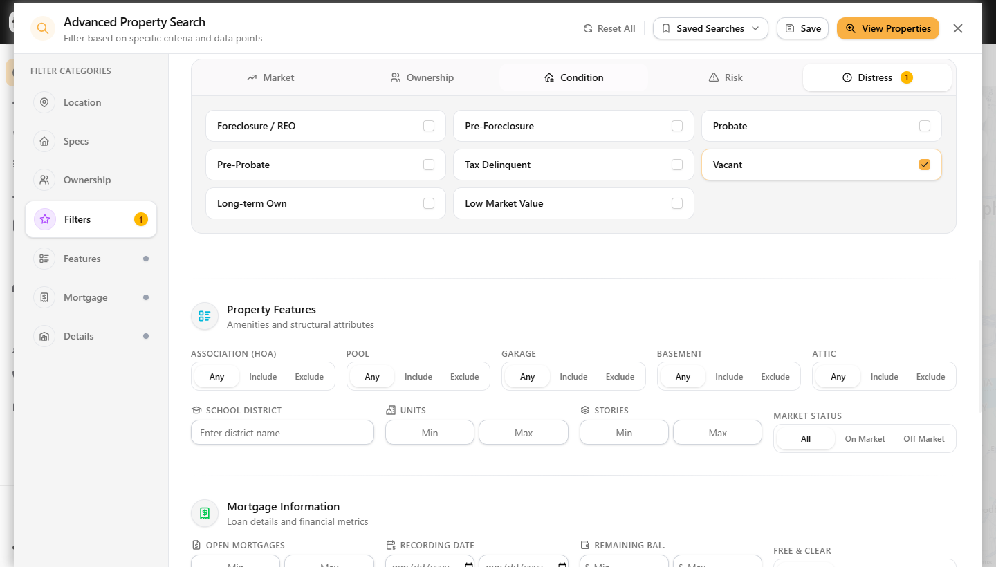 Distress filters panel with Vacant checked