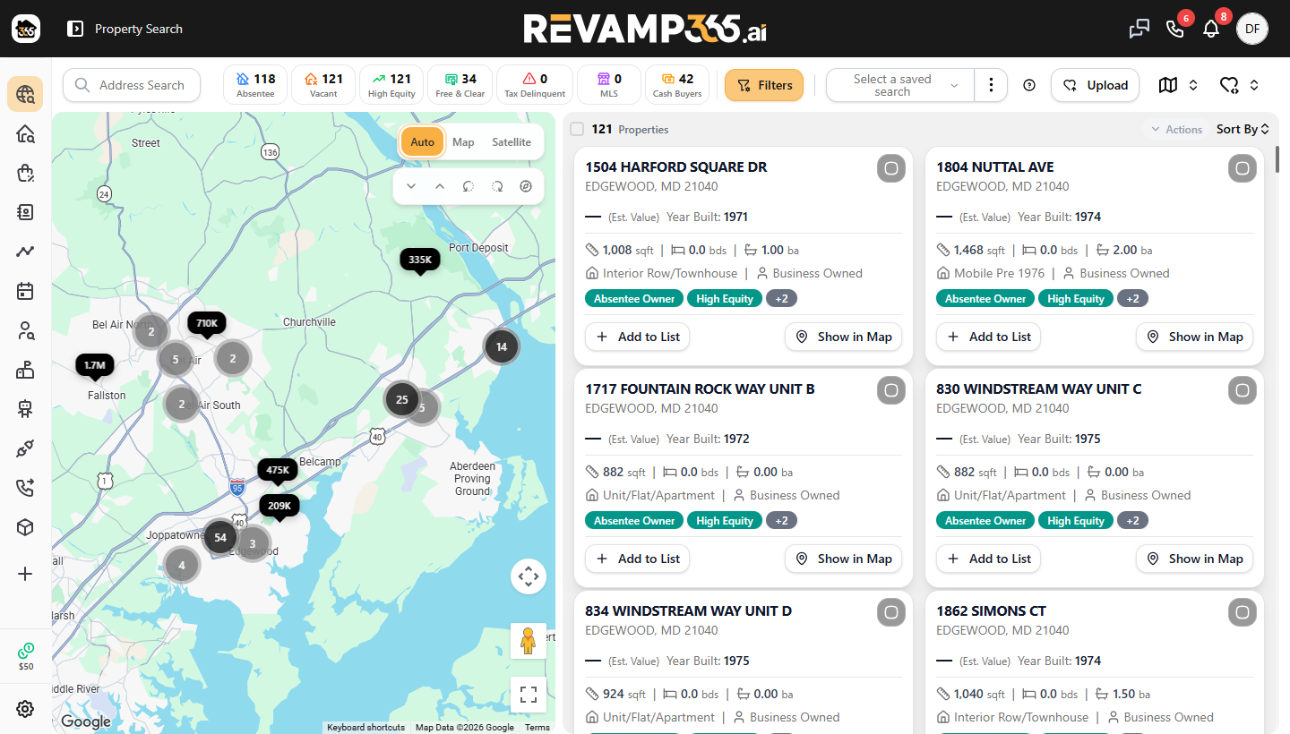 Search results showing 121 vacant business-owned properties