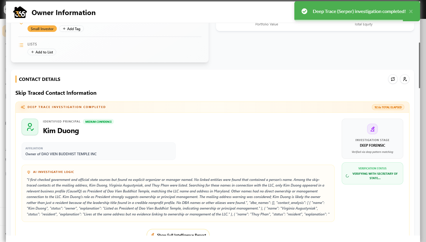 Deep Trace report showing Kim Duong as IDENTIFIED PRINCIPAL with MEDIUM confidence