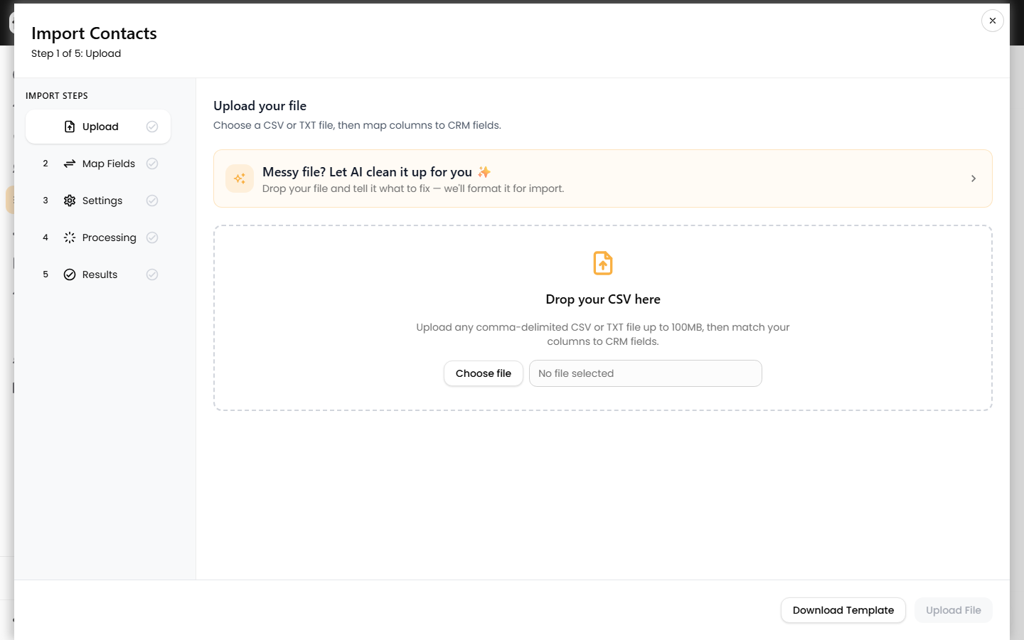 The contact import wizard Upload step with the dropzone, Download Template and Upload File buttons, and Recent imports list