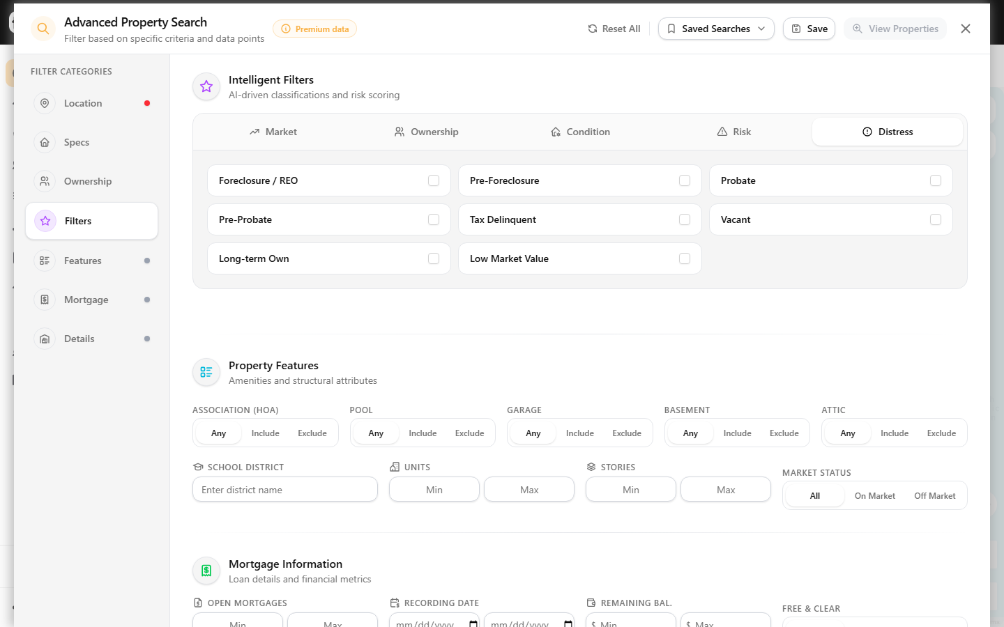 Distress tab with Tax Delinquent, Probate, and Pre-Probate checkboxes