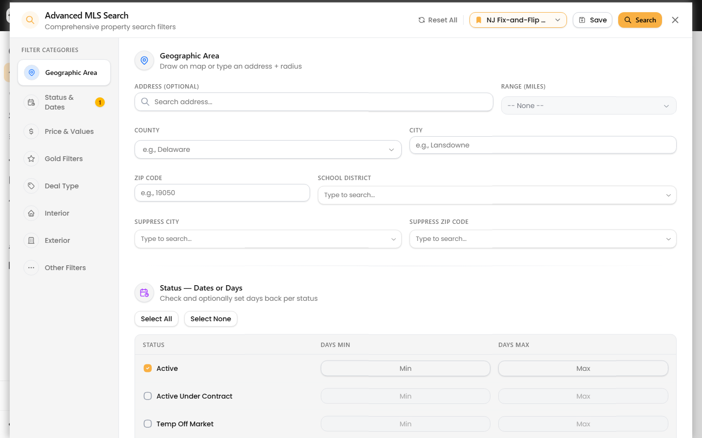 Advanced MLS Search panel with per-status day ranges