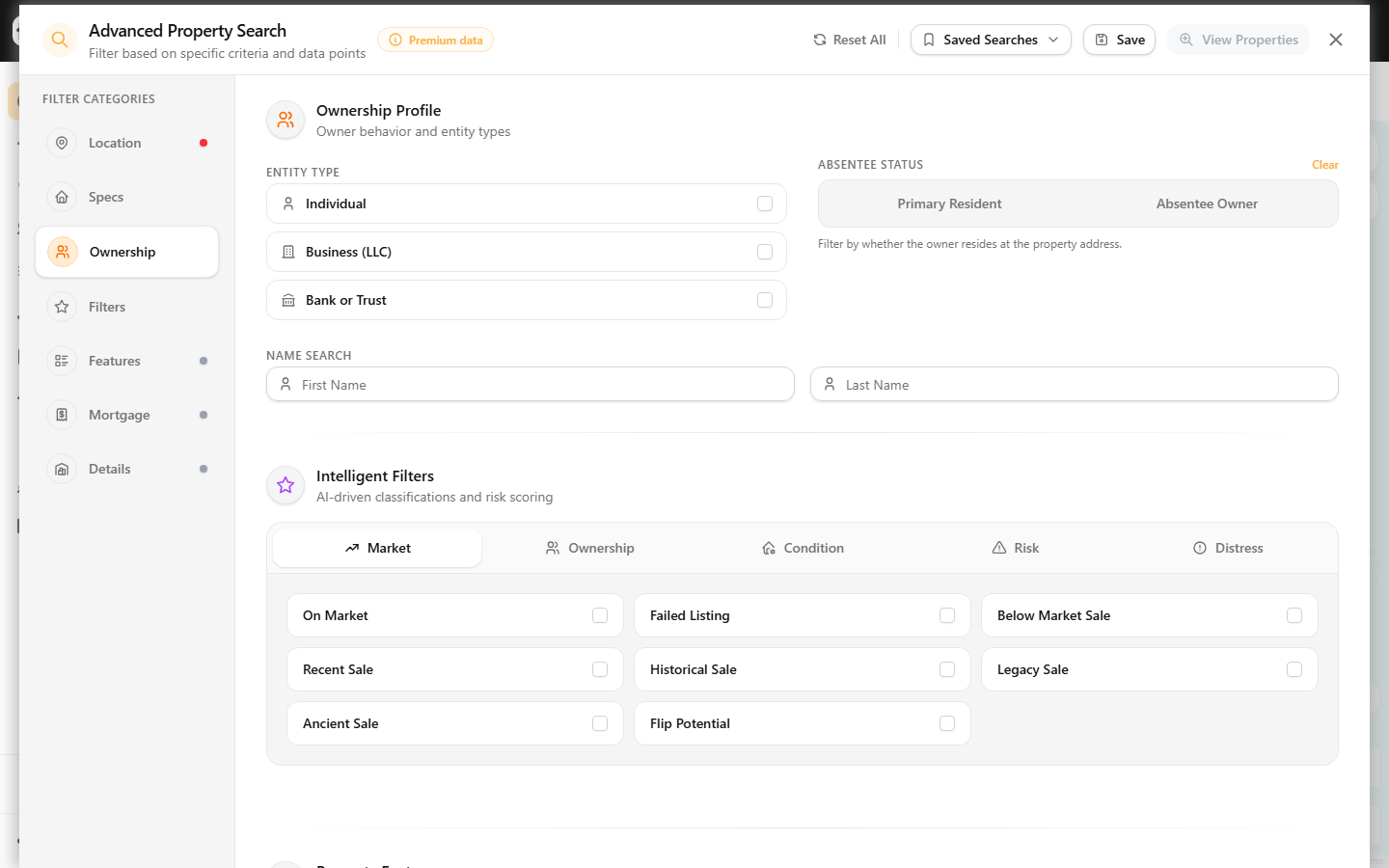 Ownership section with Absentee Owner toggle and Entity Type checkboxes