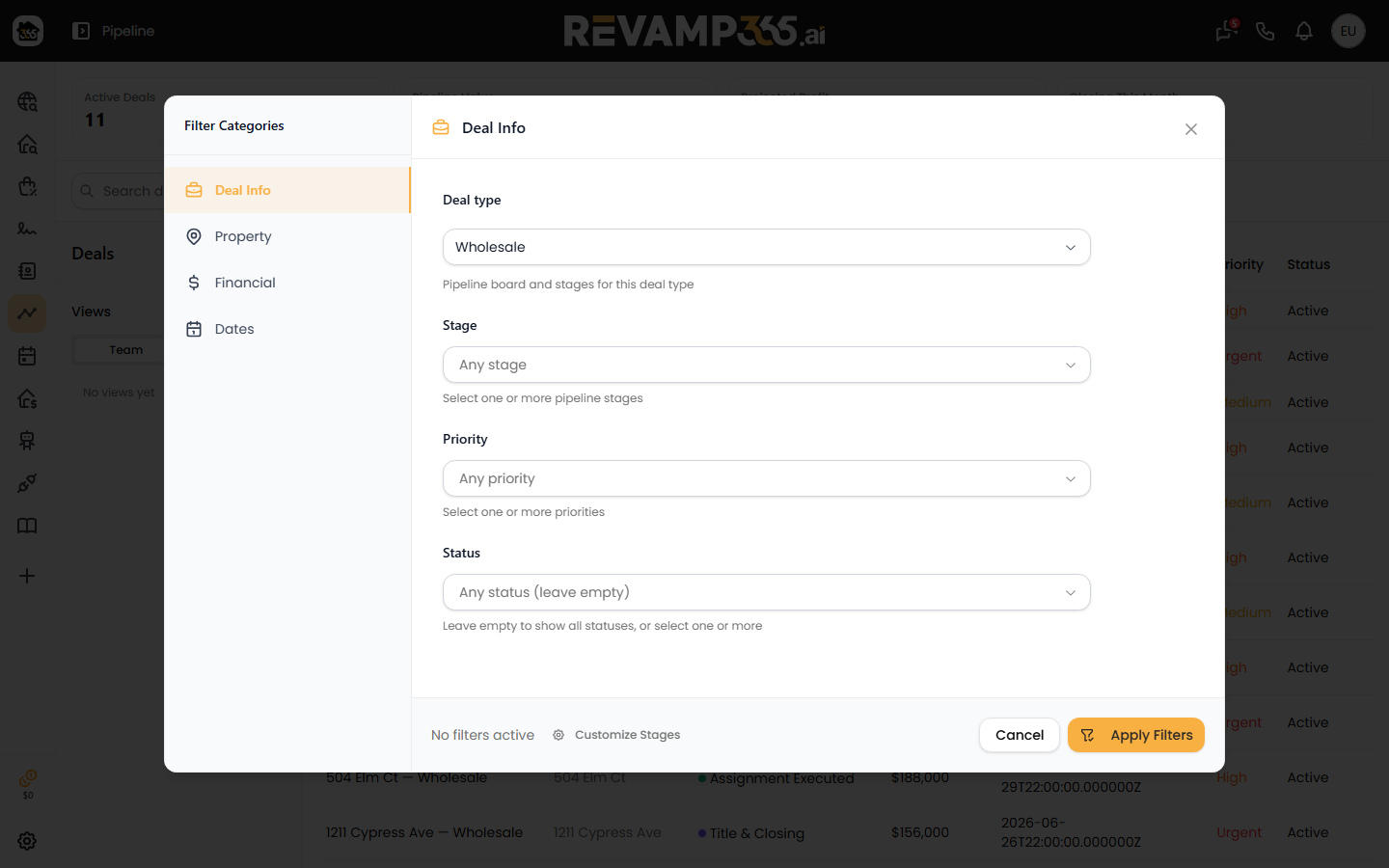 The Filter dialog with Deal Info, Property, Financial, and Dates categories