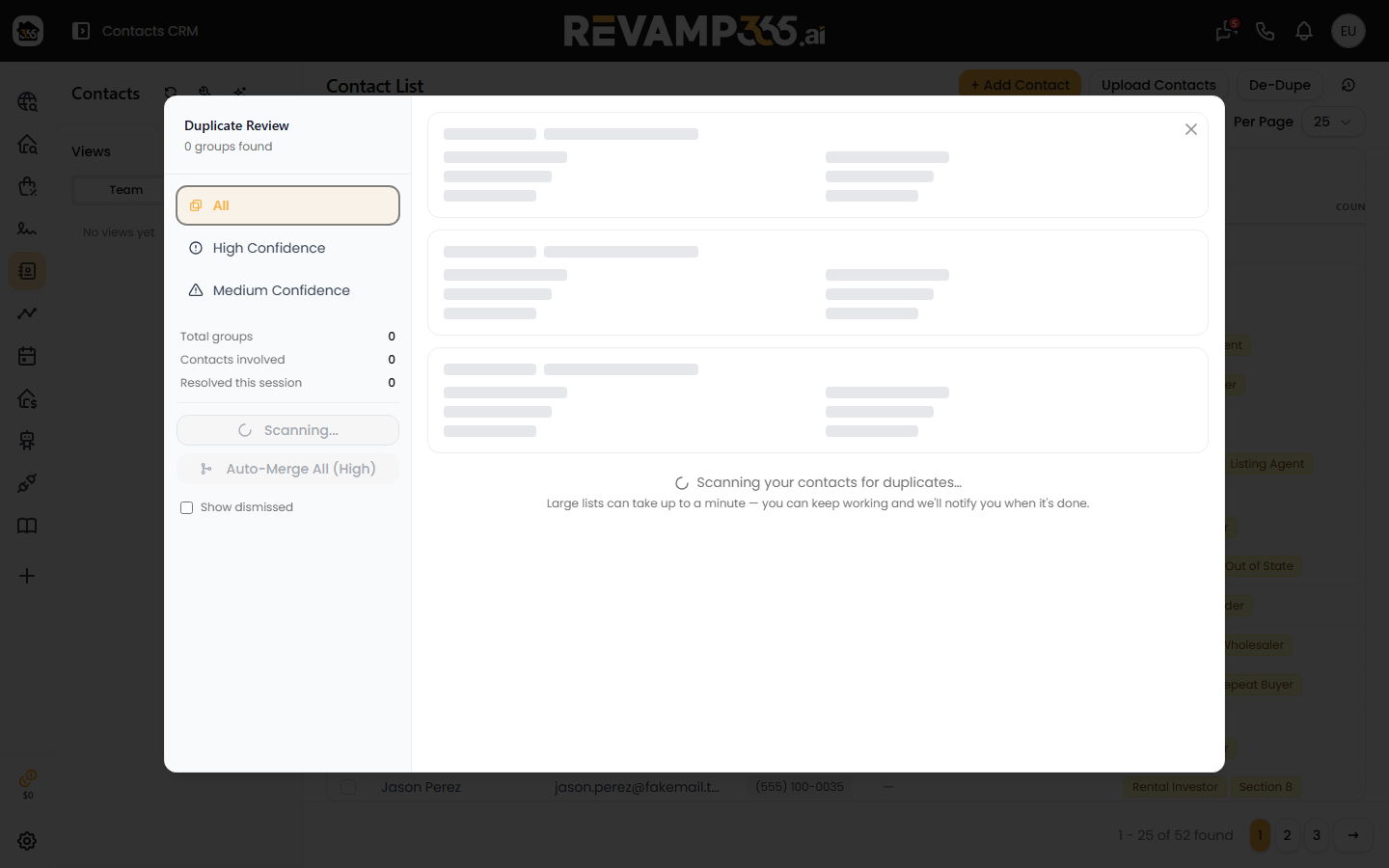 The De-Dupe tool with confidence filters, the cluster list, and the Auto-Merge All button