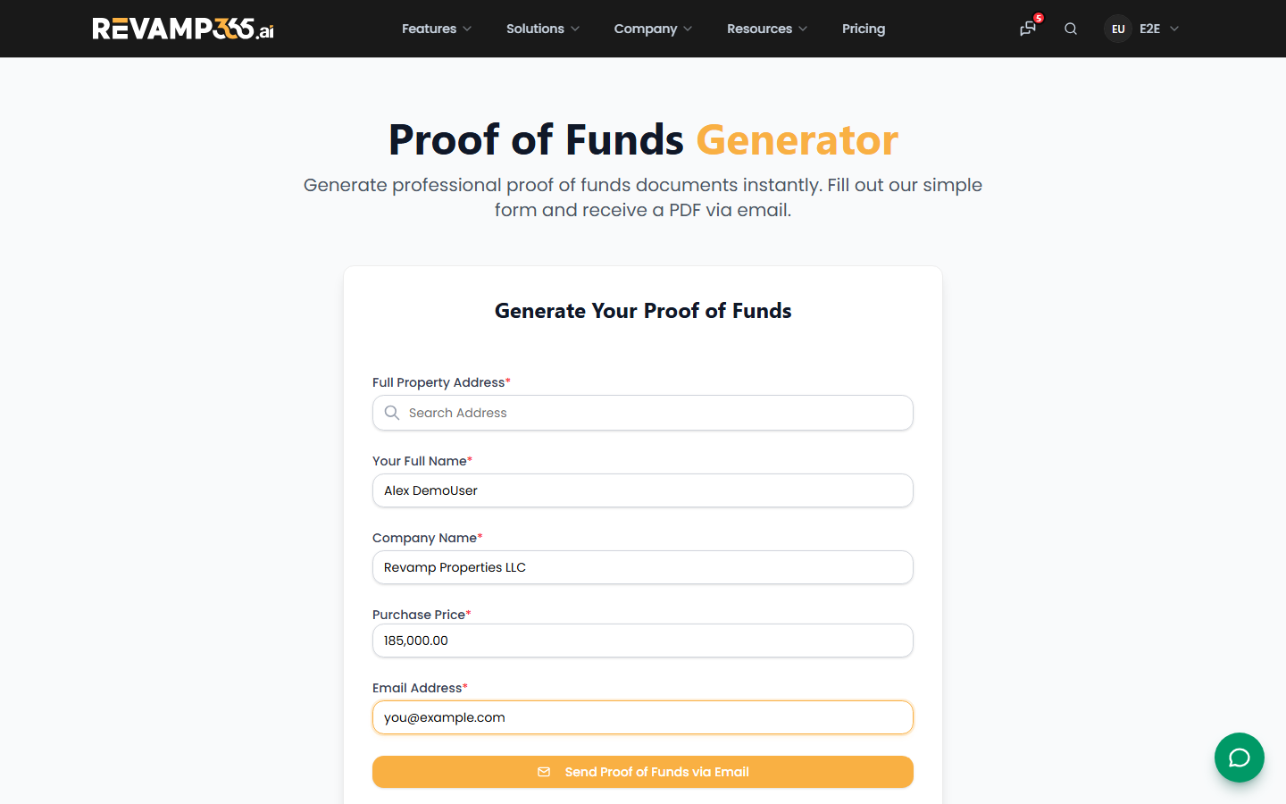 A completed Proof of Funds form ready to send